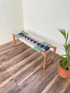 woven bench two seater in metal legs beige white blue