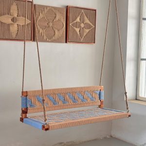 woven swing with backrest, sandy brown & carolina blue