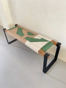 woven bench two seater in metal legs beige, white & ocean green