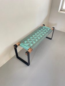 woven bench two seater in metal legs yellow green white beige