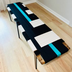 Mid-Century Modern Bench: Hand Woven Entryway Stool