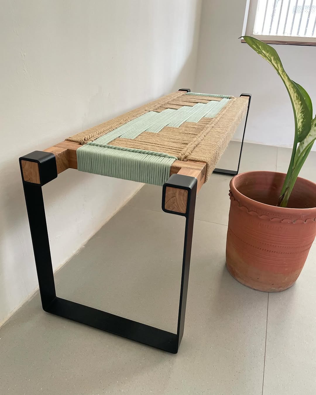 handwoven bench in wooden legs #cove handwoven bench in wooden legs #cove