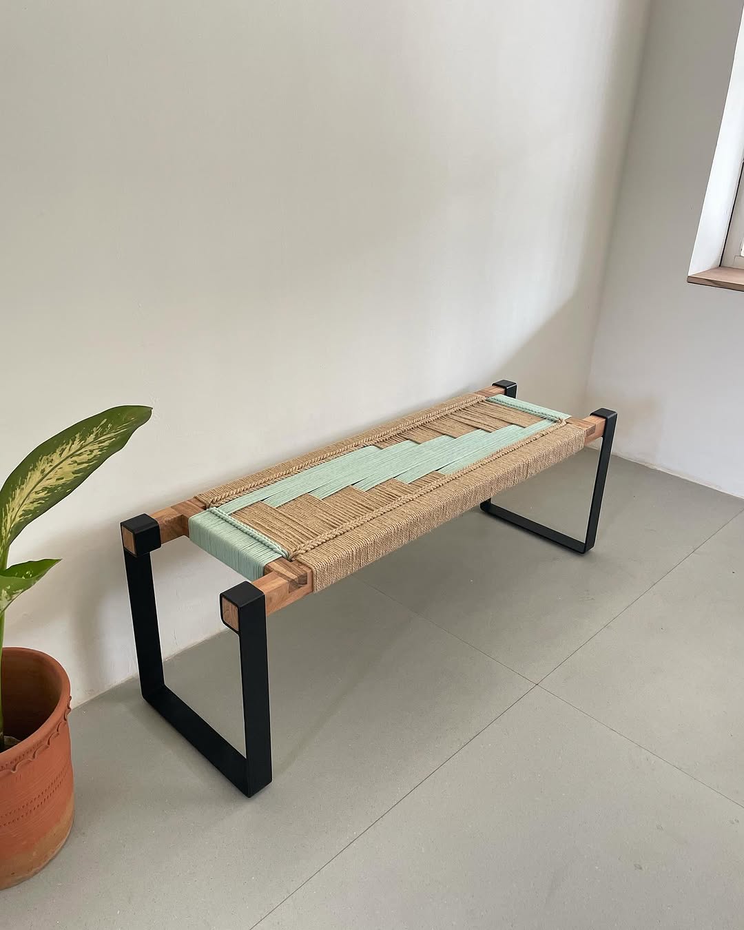 handwoven bench in wooden legs #cove handwoven bench in wooden legs #cove