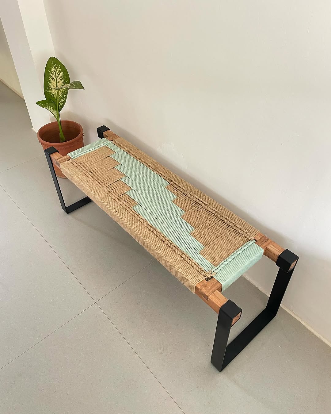 handwoven bench in wooden legs #cove handwoven bench in wooden legs #cove